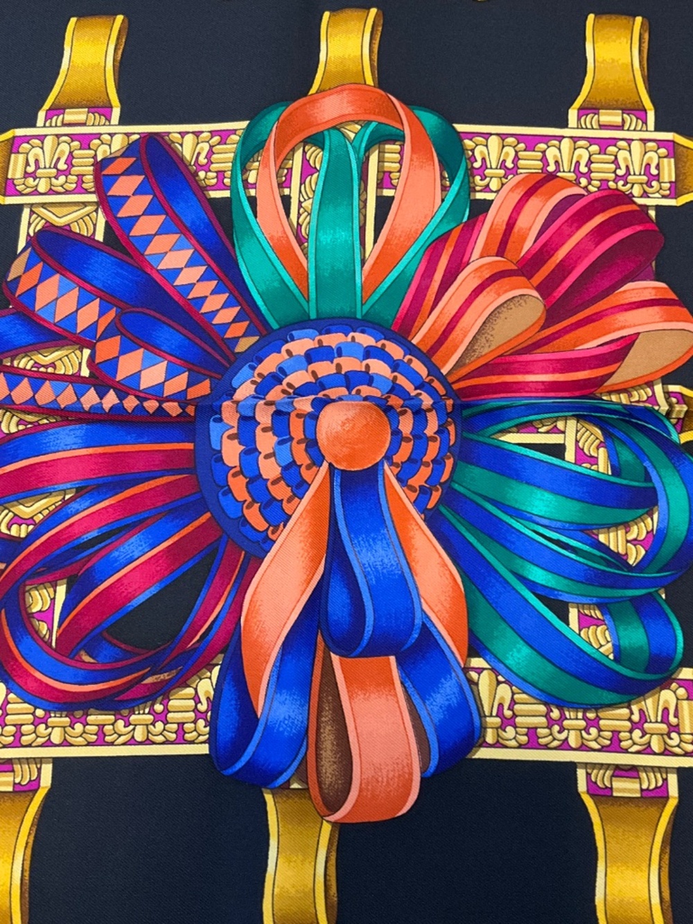 HERMES BLACK MULTI LES RUBANS DU CHEVAL PRINT SQUARE SILK TWILL SCARF - Picture 8 of 8